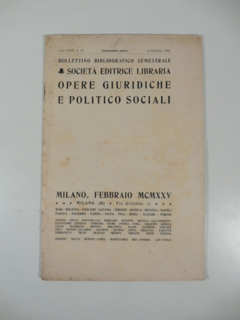 Bollettino bibliografico semestrale. Società editrice libraria. Opere giuridiche e politico sociali